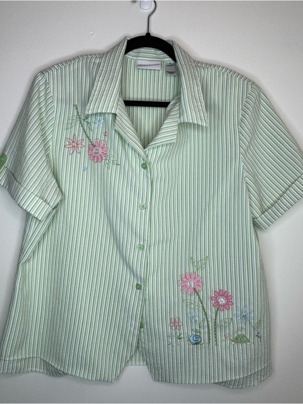 Alfred Dunner Size 16 Shirt Green White Striped Seersucker Floral Embroidered